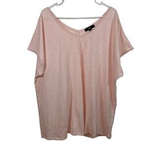 Ellos Pink Short Sleeve 1X Womens Plus V Neck V Back Casual Crochet Eyelet